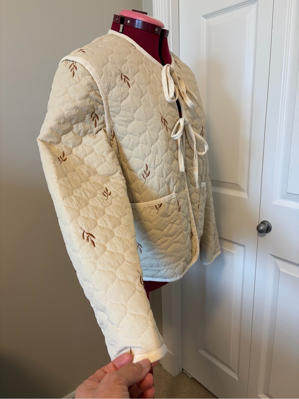 Quilted Cream Floral Tie-Front Jacket